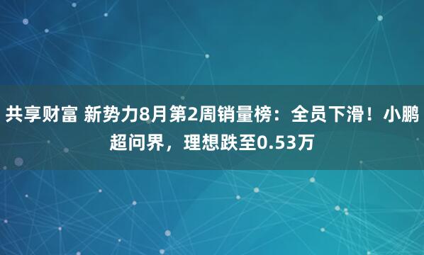 共享财富 新势力8月第2周销量榜：全员下滑！小鹏超问界，理想跌至0.53万